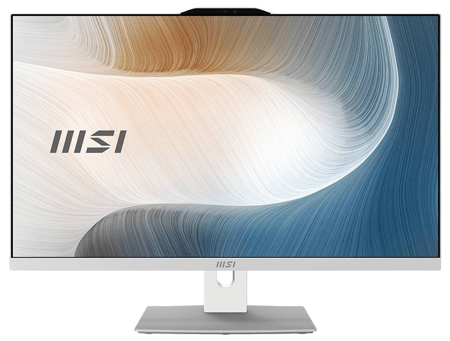 MSI-Desktop-Monitor mit weißem und silbernem Ständer, auf dem ein abstraktes Wellendesign in Blau, Weiß und Beige angezeigt wird.