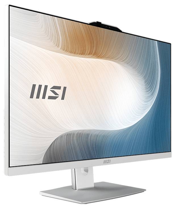 MSI-Desktop-Monitor in Schrägansicht auf weißem Ständer, mit blauer, beiger und weißer abstrakter Wirbel-Anzeige und MSI-Logo auf dem Bildschirm.