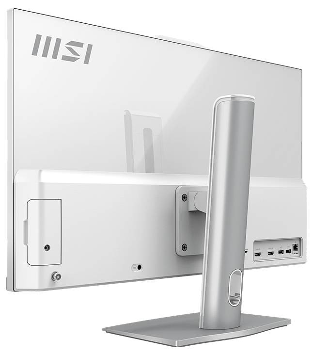 Rückansicht eines silbernen MSI All-in-One-Desktop-Monitors mit Ständer, Anschlüssen und Kabelabdeckungen.
