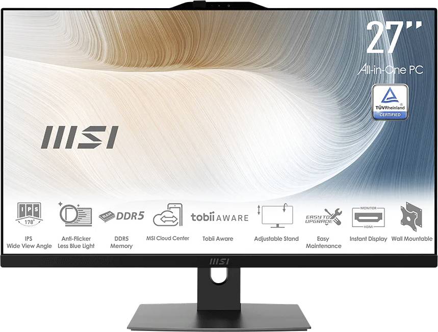 MSI 27-Zoll All-in-One-PC-Display mit TÜV Rheinland-Zertifizierung und Funktionssymbolen für weite Betrachtungswinkel, Flimmerfreiheit, DDR5, Cloud-Center, verstellbarer Ständer, einfache Wartung, sofortige Anzeige und Wandmontierbar.