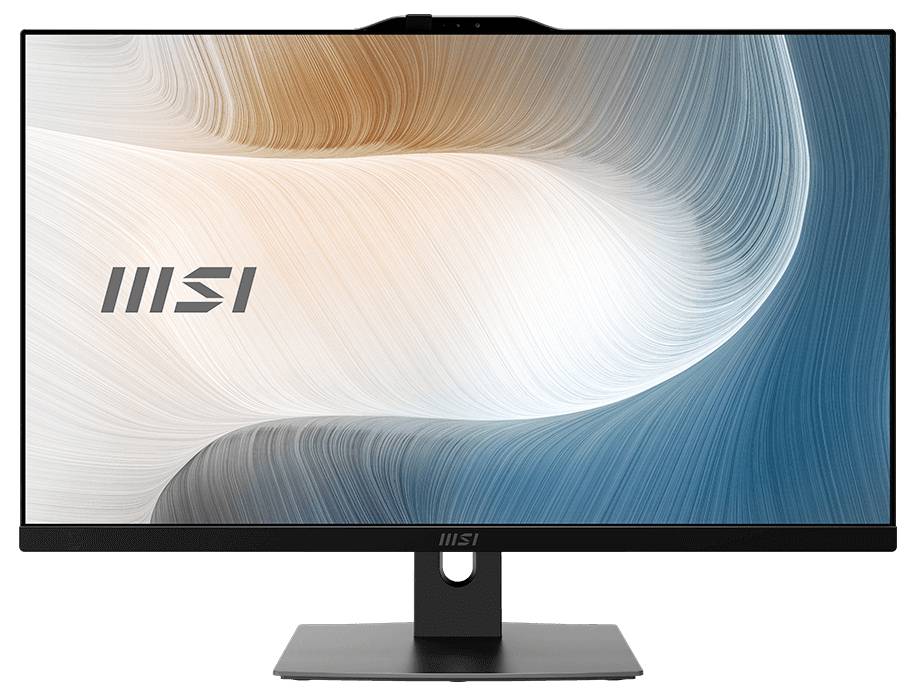 MSI-Computermonitor mit einer abstrakten Wellentapete in Weiß, Grau und Blau auf dem Bildschirm.