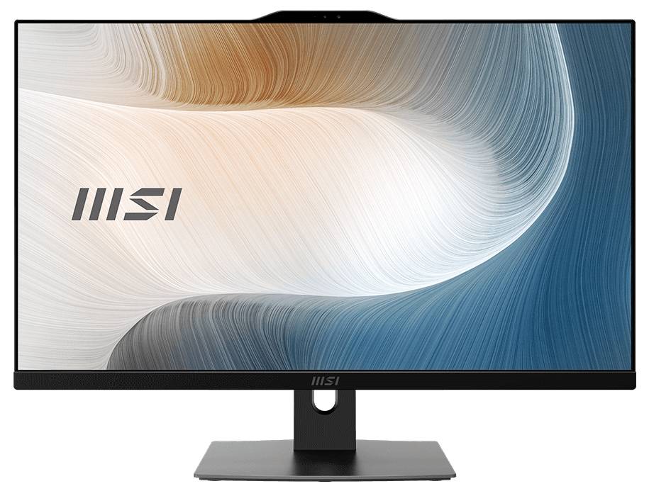 MSI-Desktopmonitor mit einem dünnen Rahmen, der ein abstraktes blau-, weiß- und orangefarbenes Wellenmuster anzeigt.