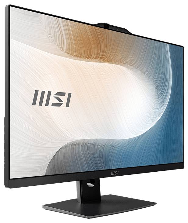 MSI Flachbildschirm-Desktopmonitor mit schwarzem Ständer und abstraktem weiß-, beige- und blauem Wellengrafik auf dem Bildschirm.
