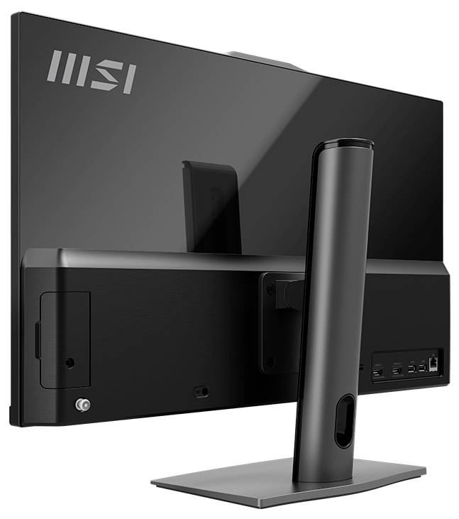 Rückansicht eines schwarzen MSI All-in-One-Monitors auf einem Ständer, zeigt die Rückseite, die E/A-Anschlüsse und die Kabelmanagement-Abdeckung.