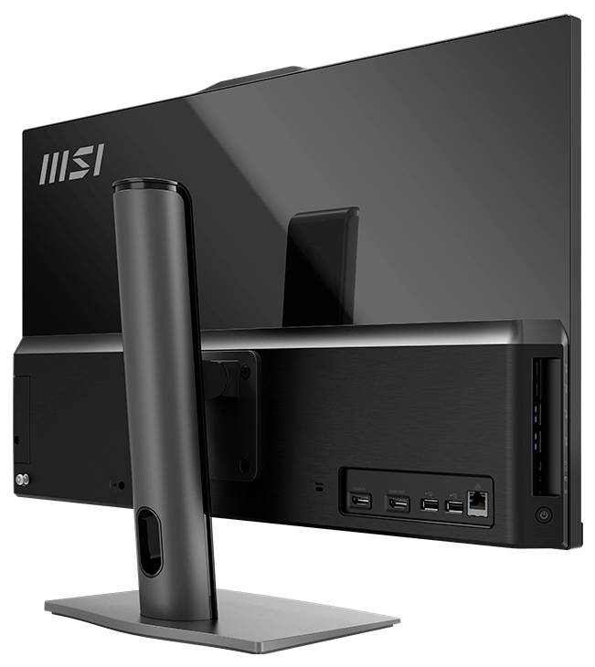 Rückansicht eines MSI All-in-One-Desktop-Monitors mit Ständer, Anschlüssen und seitlichem Tastenfeld auf weißem Hintergrund.