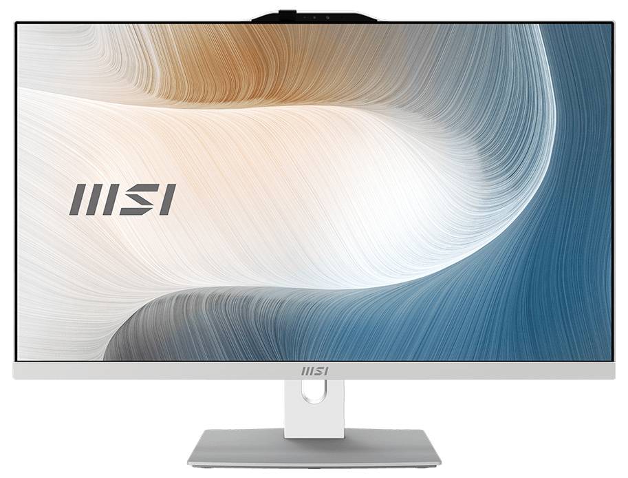 MSI-Flachbildschirm-Monitor mit weißem und silbernem Ständer, der eine abstrakte blau, grau und beige gefärbte Wirbel-Tapete anzeigt.