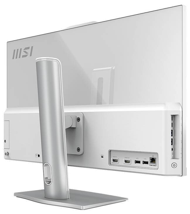 Rückansicht eines MSI All-in-One-Desktop-Computers mit silbernem Ständer, zeigt Rückseiten-Anschlüsse und Lüftungsöffnungen vor weißem Hintergrund.