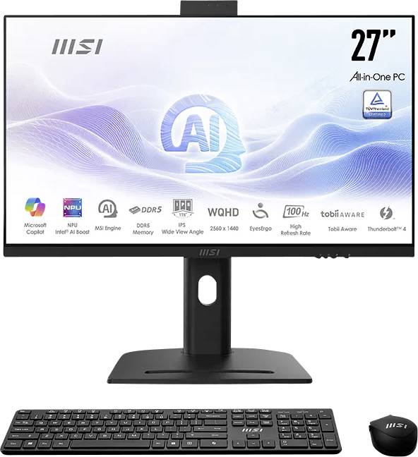 MSI 27-Zoll All-in-One-PC mit KI-Display, Ständer, Tastatur und Maus, dargestellt als Produktbild mit Funktionssymbolen für WQHD, 100 Hz und Copilot.