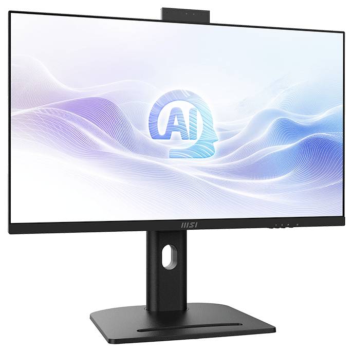 Schwarzer MSI-Computermonitor auf einem Ständer, der ein blaues KI-Symbol auf einem sanften Wellenhintergrund anzeigt.