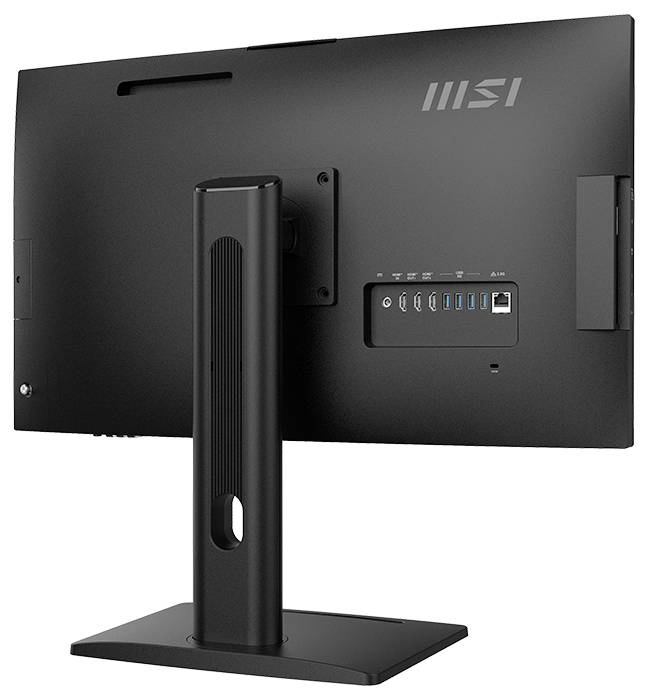 Rückansicht eines MSI-Monitors mit Rückseite, zentralem Ständer und I/O-Anschlussgruppe mit USB- und Videoverbindungen.
