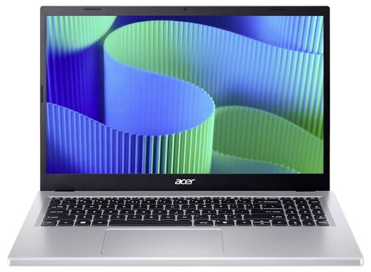 Ein silberner Laptop mit einer schwarzen Tastatur zeigt auf dem Bildschirm einen farbenfrohen Hintergrund aus sich überlappenden blauen und grünen wellblechähnlichen Paneelen.