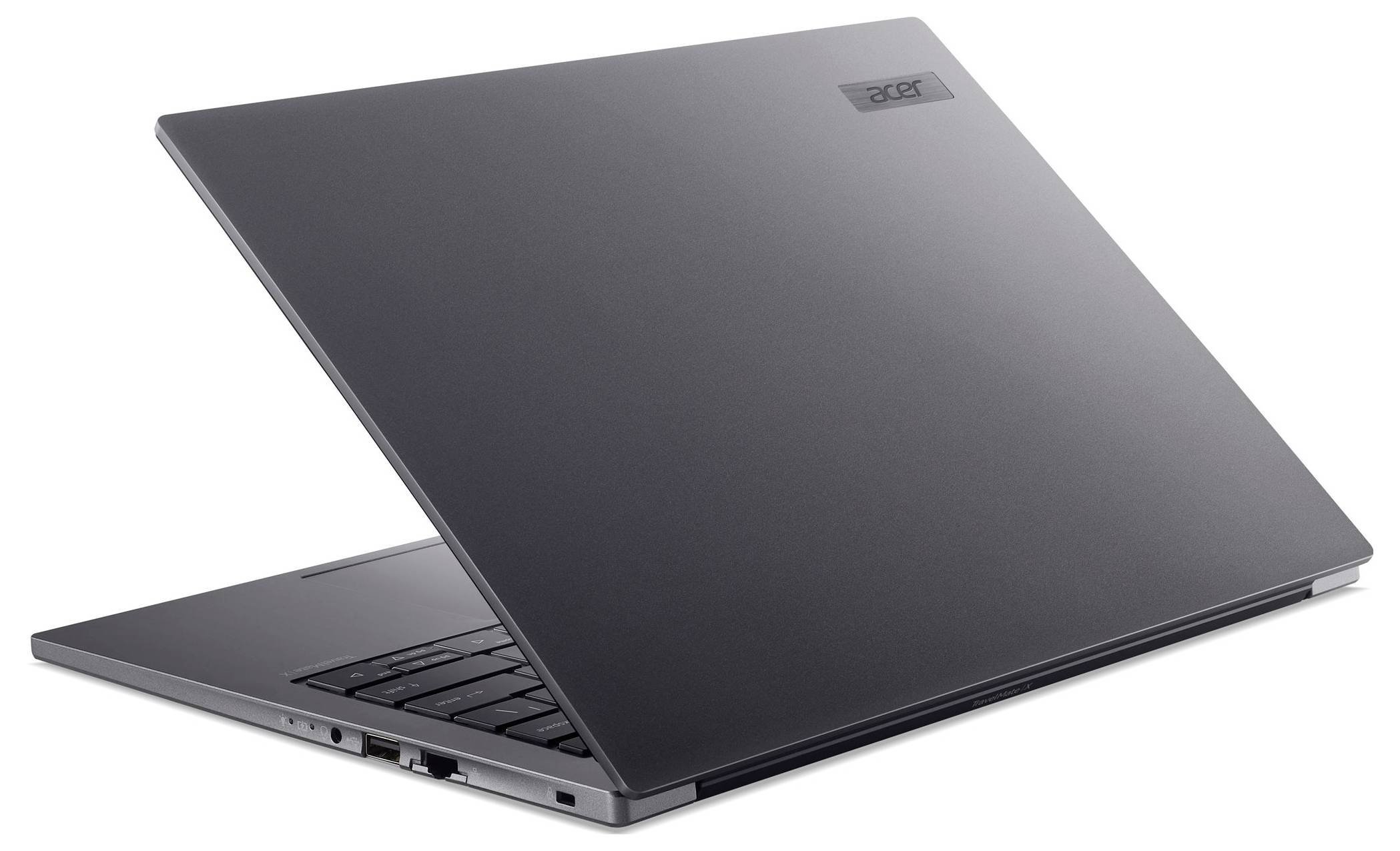 Ein schlanker, grauer Laptop mit leicht geöffnetem Bildschirm, mit einem sichtbaren Markenlogo in der oberen rechten Ecke, auf einem weißen Hintergrund platziert.