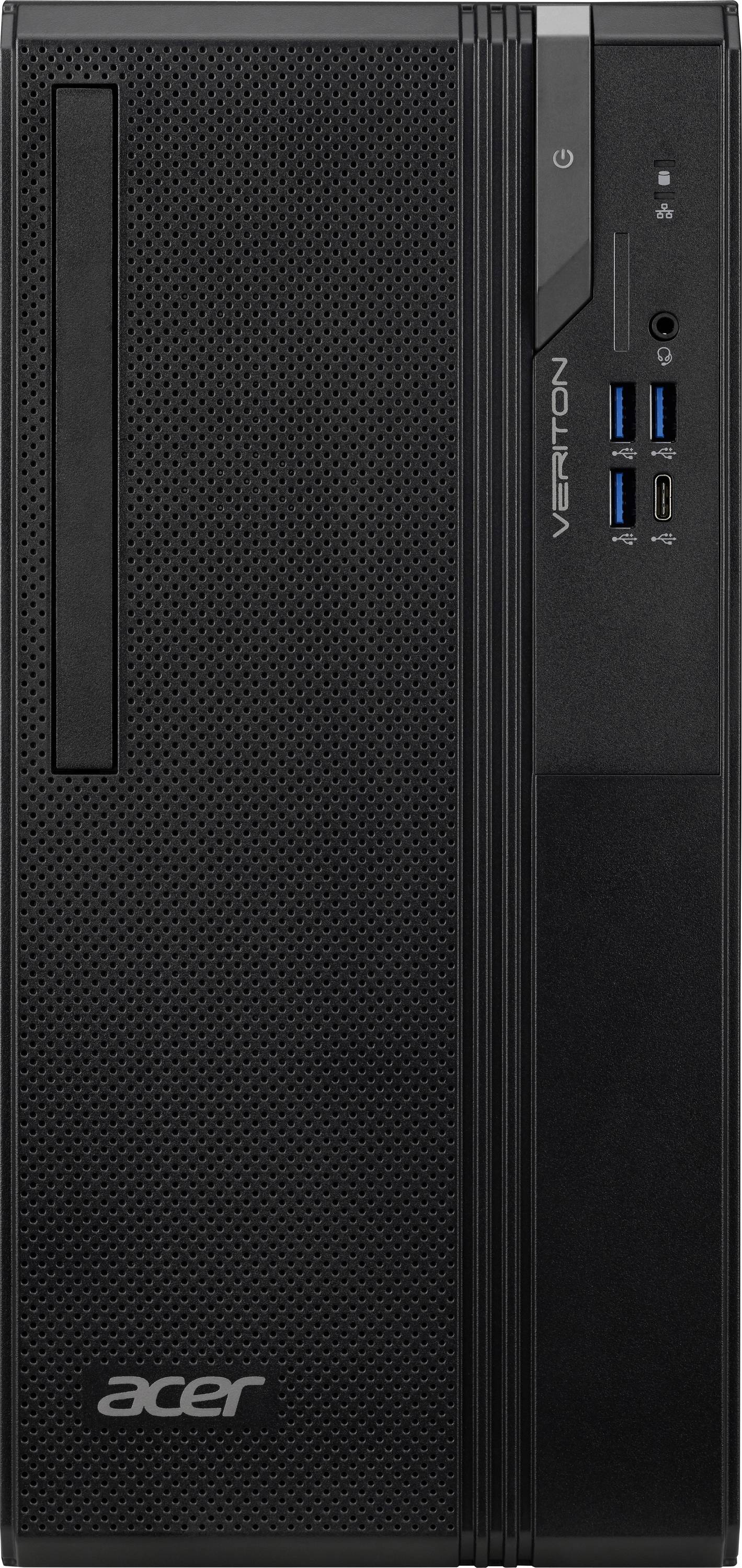 Ein schwarzer Acer Veriton Desktop-Tower mit USB-Anschlüssen, Audiobuchse und Ein-/Ausschalter auf der Frontplatte.