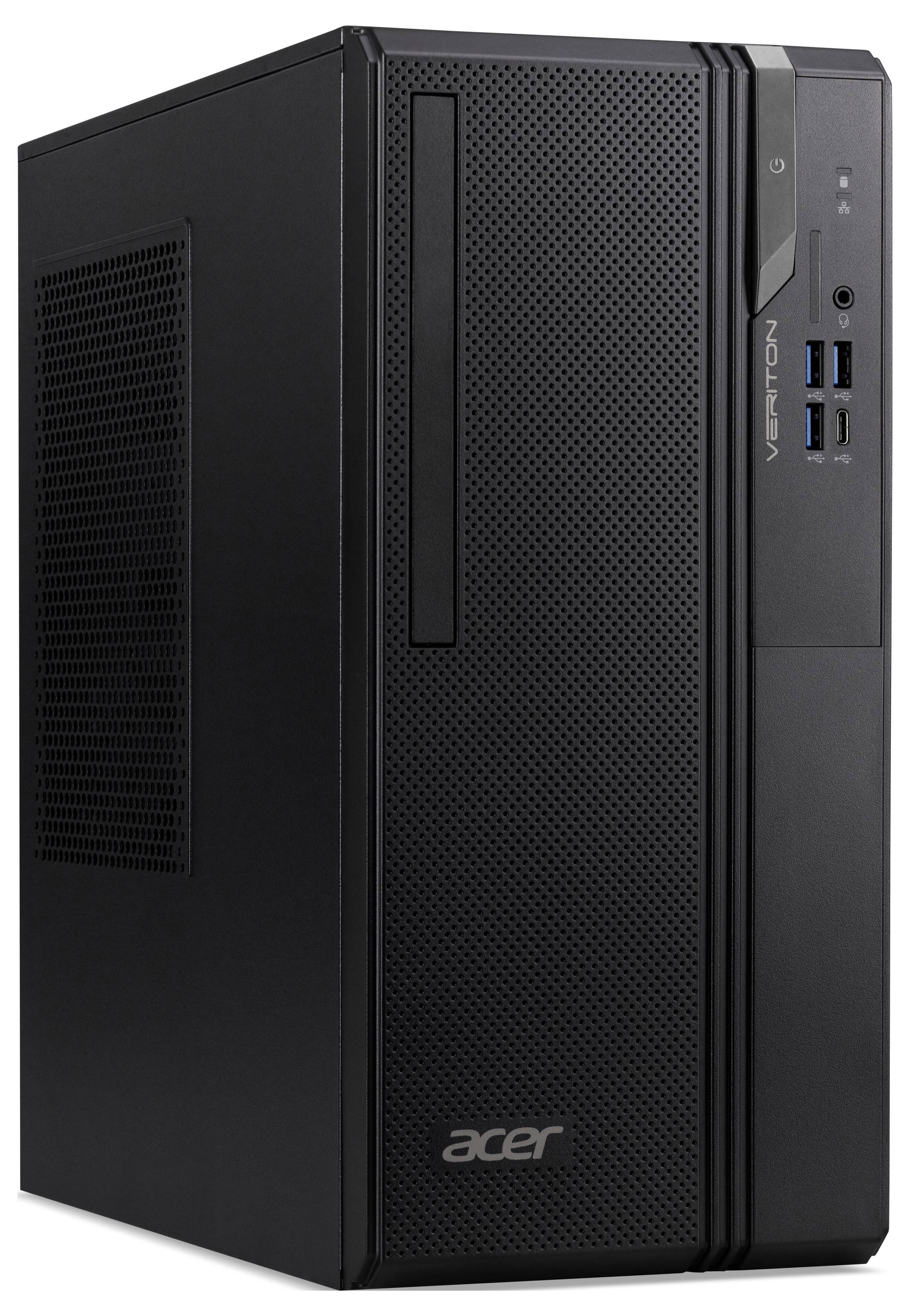 Ein schwarzer Acer-Desktop-Computer-Tower mit USB-Anschlüssen, Laufwerk und Stromschalter, die auf der Frontblende sichtbar sind.