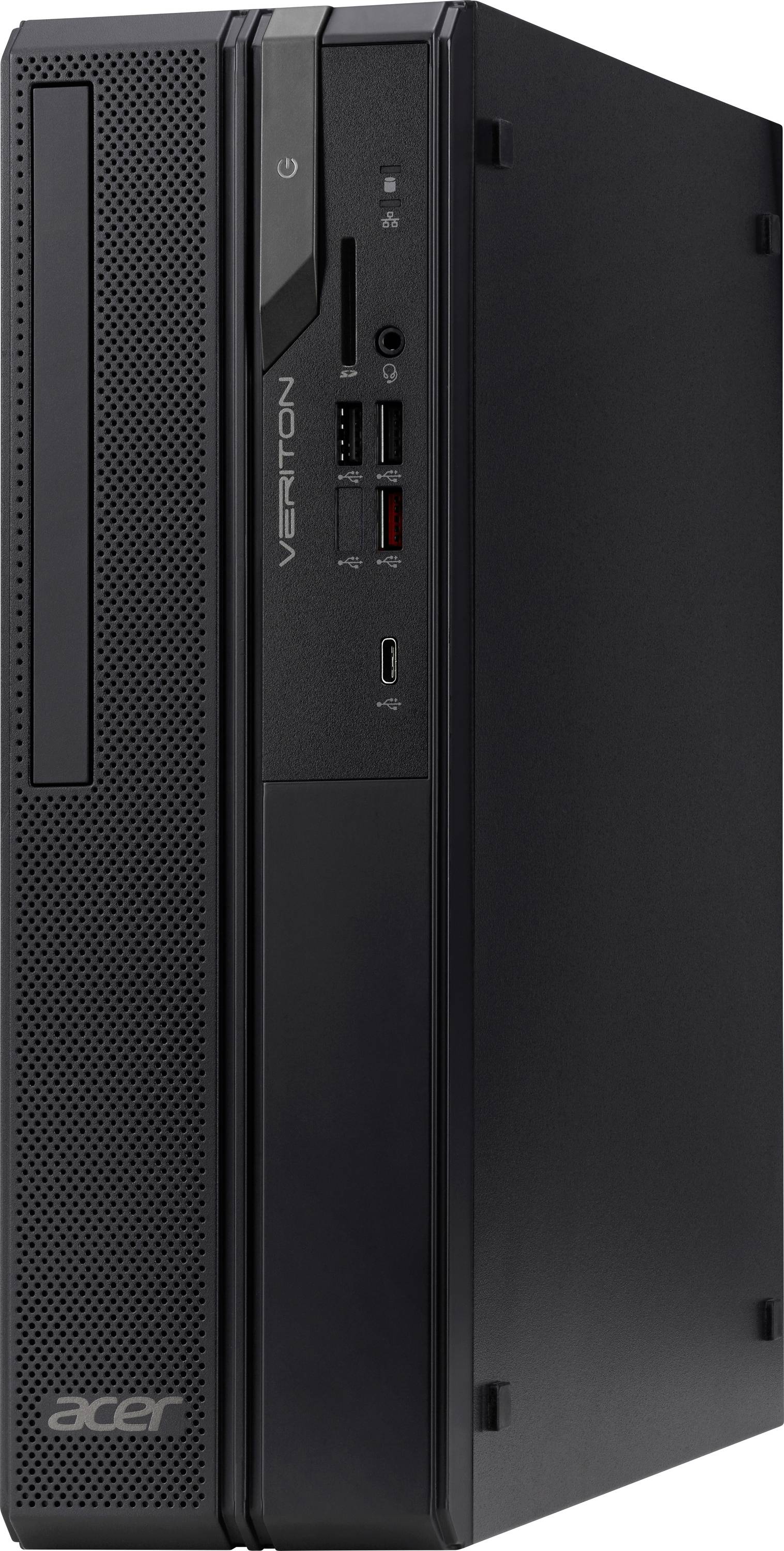 Ein schwarzer Acer Vero Desktop-Computer-Turm mit verschiedenen Anschlüssen, einschließlich USB und Audio, auf der Frontblende.