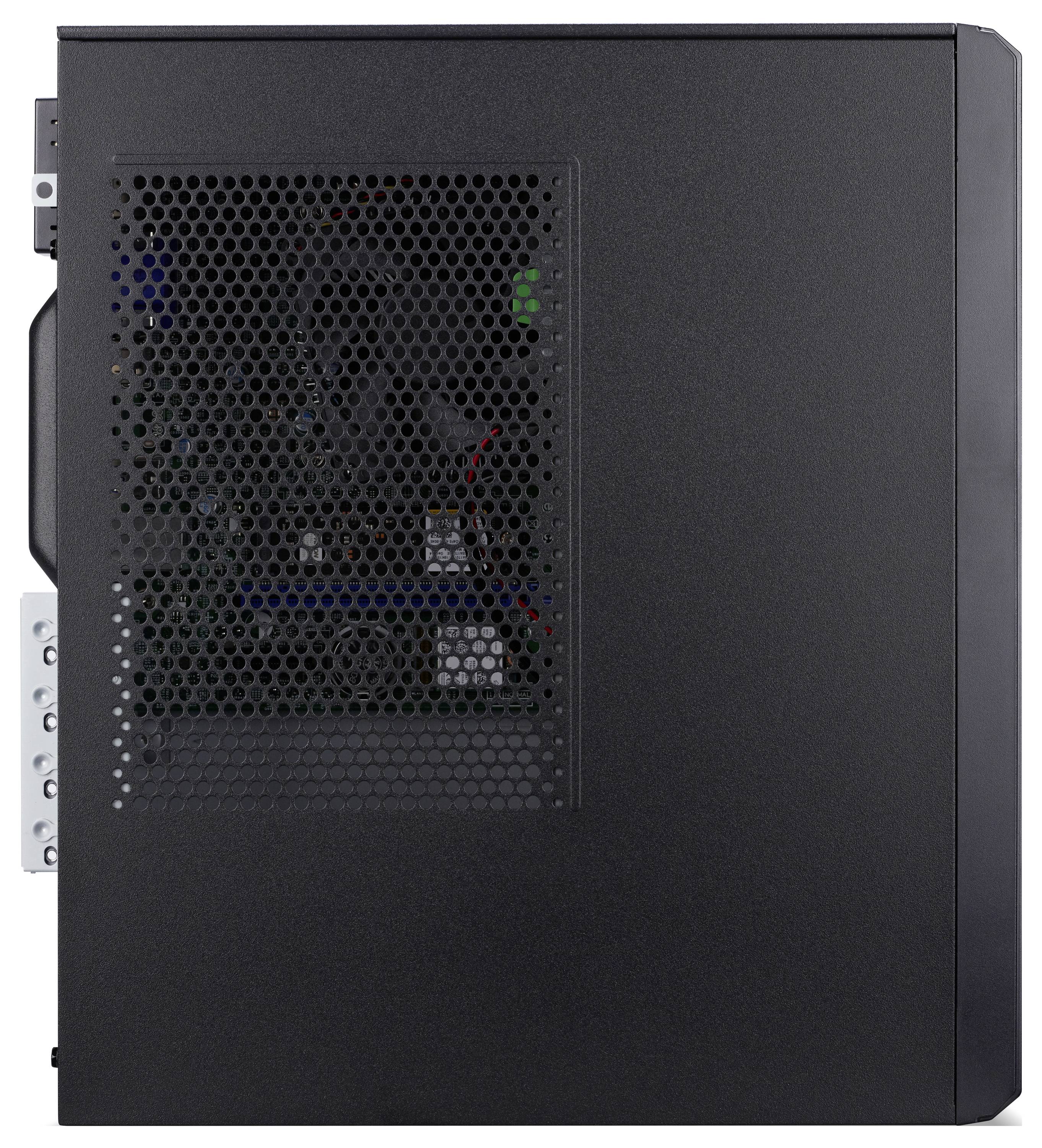 Ein schwarzes Computer-Turmgehäuse mit einem Gitterfeld auf der Seite, das interne Komponenten und schwach sichtbare grüne Anzeigelichter zeigt.