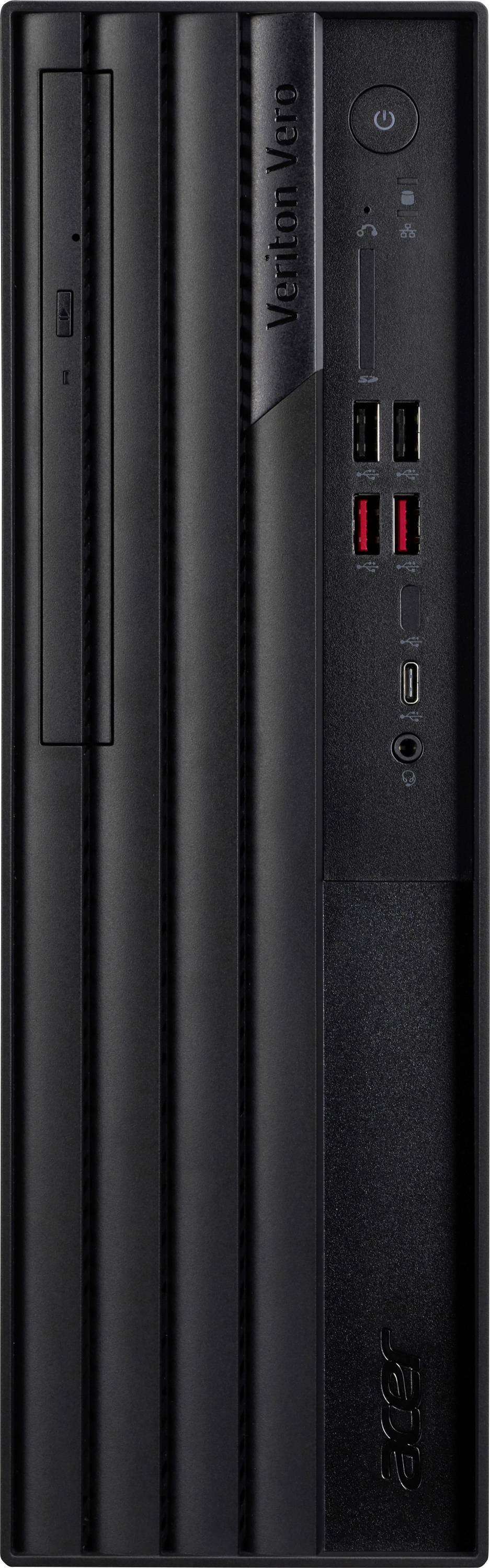 Ein schwarzer schlanker Desktop-Computer-Turm mit mehreren USB-Anschlüssen, einer Kopfhörerbuchse, einem Netzschalter und einem Laufwerk auf der Frontplatte.