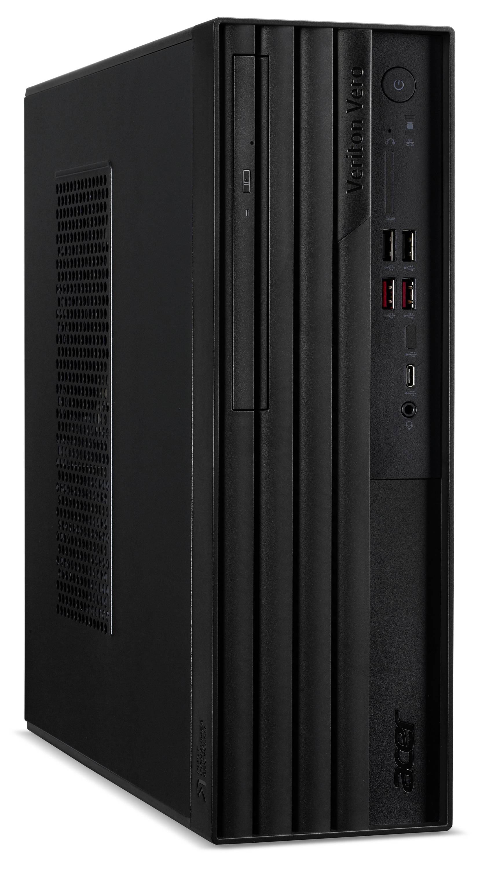 Ein schwarzer Acer-Desktopcomputer mit nach vorne gerichteten USB-Anschlüssen, Ein-/Ausschalter und CD/DVD-Laufwerk, designed für effiziente Nutzung im Arbeitsbereich.