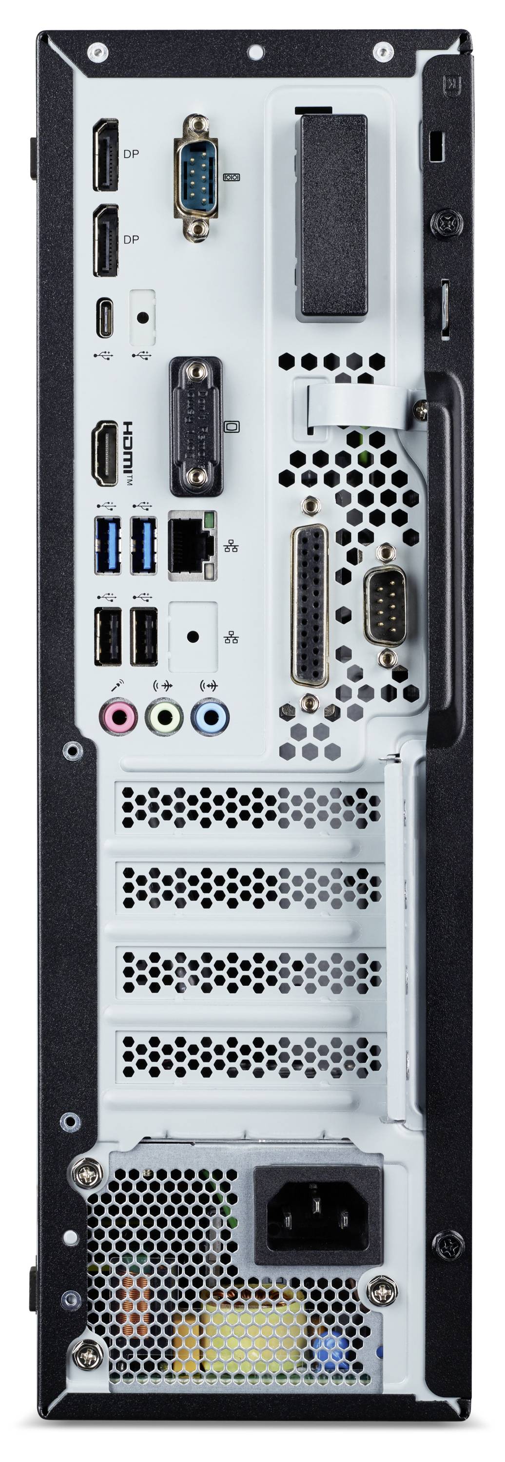 Rückseite eines Desktop-Computers mit verschiedenen Anschlüssen und Steckverbindern, einschließlich USB, HDMI, Audiobuchsen und Stromversorgungsbuchse.