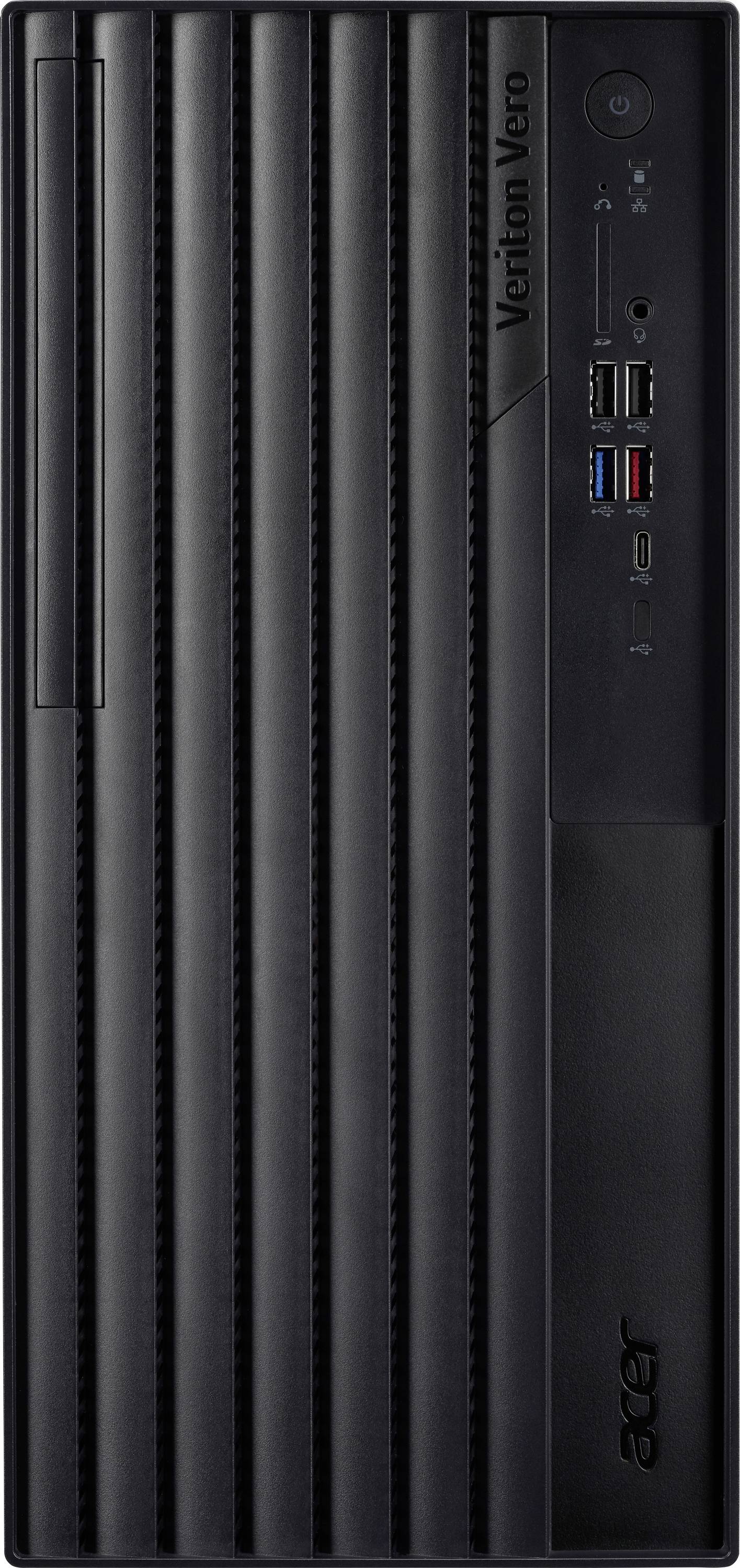 Vorderansicht eines schwarzen Acer Veriton Vero Desktop-Towers, der das Markenlogo, den Laufwerkschacht, USB-Anschlüsse und den Netzschalter zeigt.