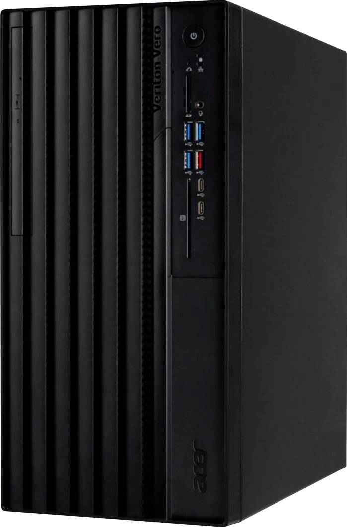 Ein schwarzer Desktop-Computer-Turm mit vertikalen Rillen, mit vorderen Anschlüssen einschließlich USB und Audio-Buchsen sowie einem Netzschalter.
