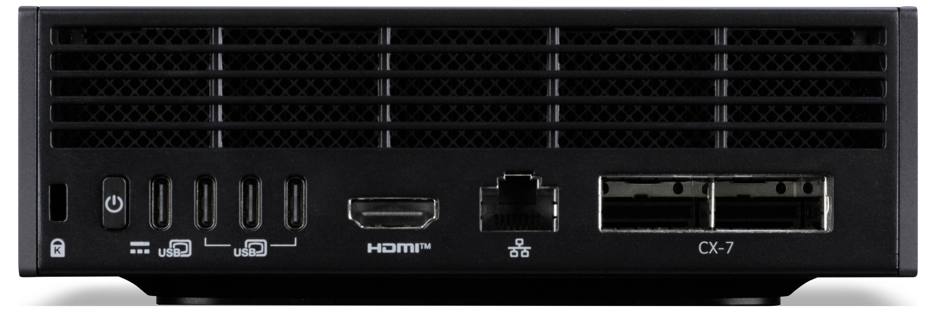 Das Bild zeigt die Rückseite eines schwarzen elektronischen Geräts mit mehreren Anschlüssen, darunter USB, HDMI, Ethernet und zwei Steckplätze mit der Beschriftung „CX-7