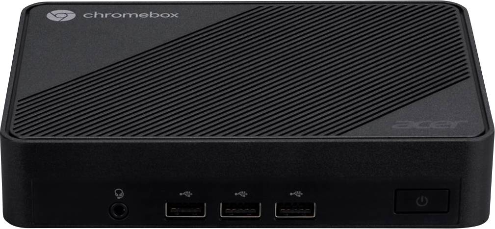 Ein schwarzer Chromebox von Acer mit schlankem Design, Anschlüssen an der Vorderseite für Kopfhörer und USB-Verbindungen sowie einem Stromschalter.