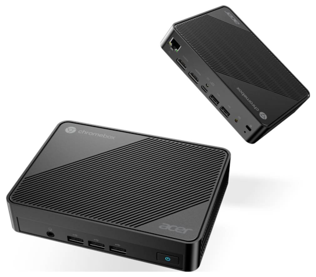 Acer Chromebox Cxi5-Geräte mit vorderen und seitlichen Anschlüssen, einschließlich USB, Ethernet, HDMI und Stromschalter, auf weißem Hintergrund.