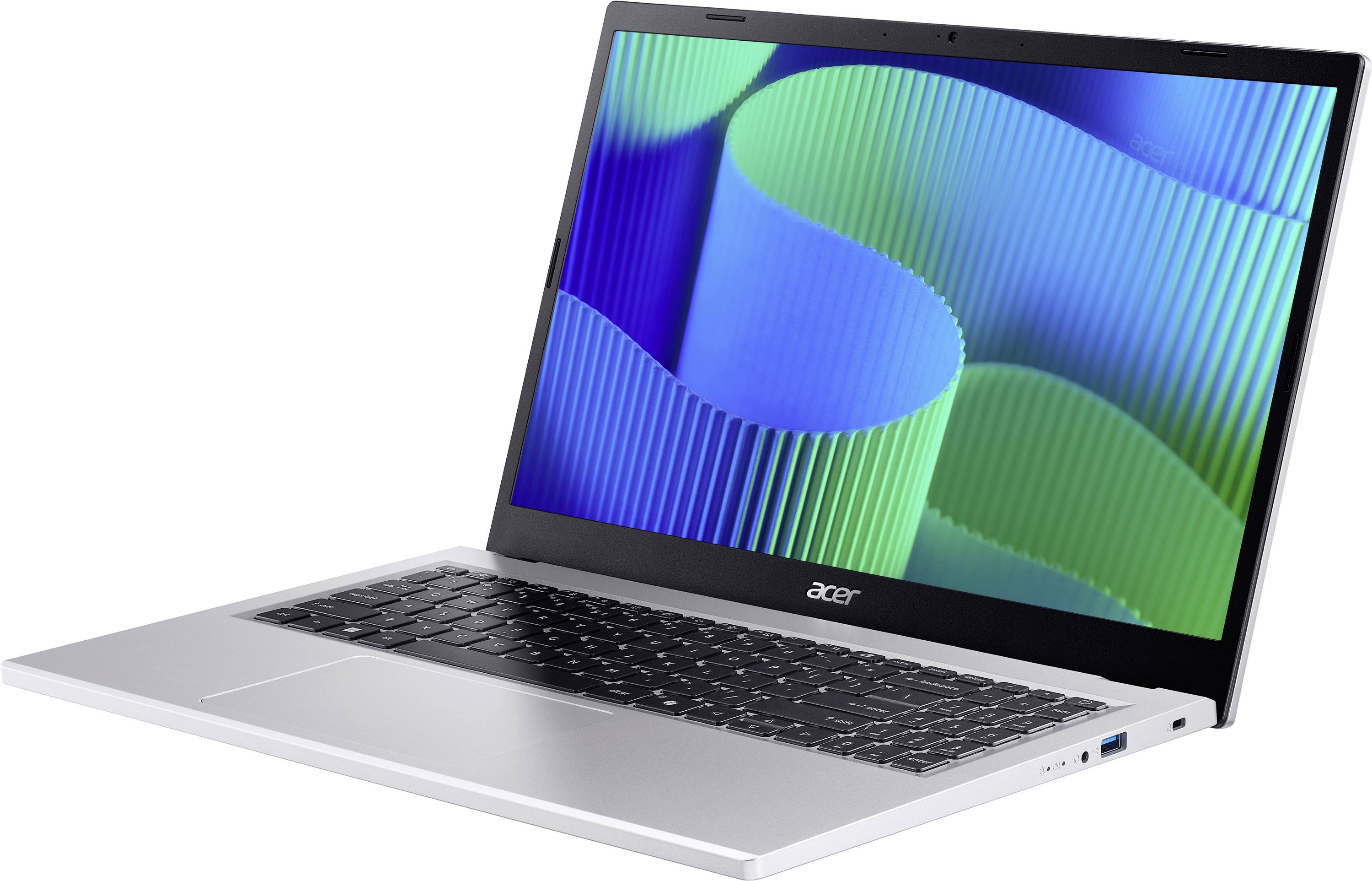 Ein elegantes silbernes Laptop mit einem bunten abstrakten Hintergrundbild auf dem Bildschirm, das blaue und grüne Wellenmuster zeigt.