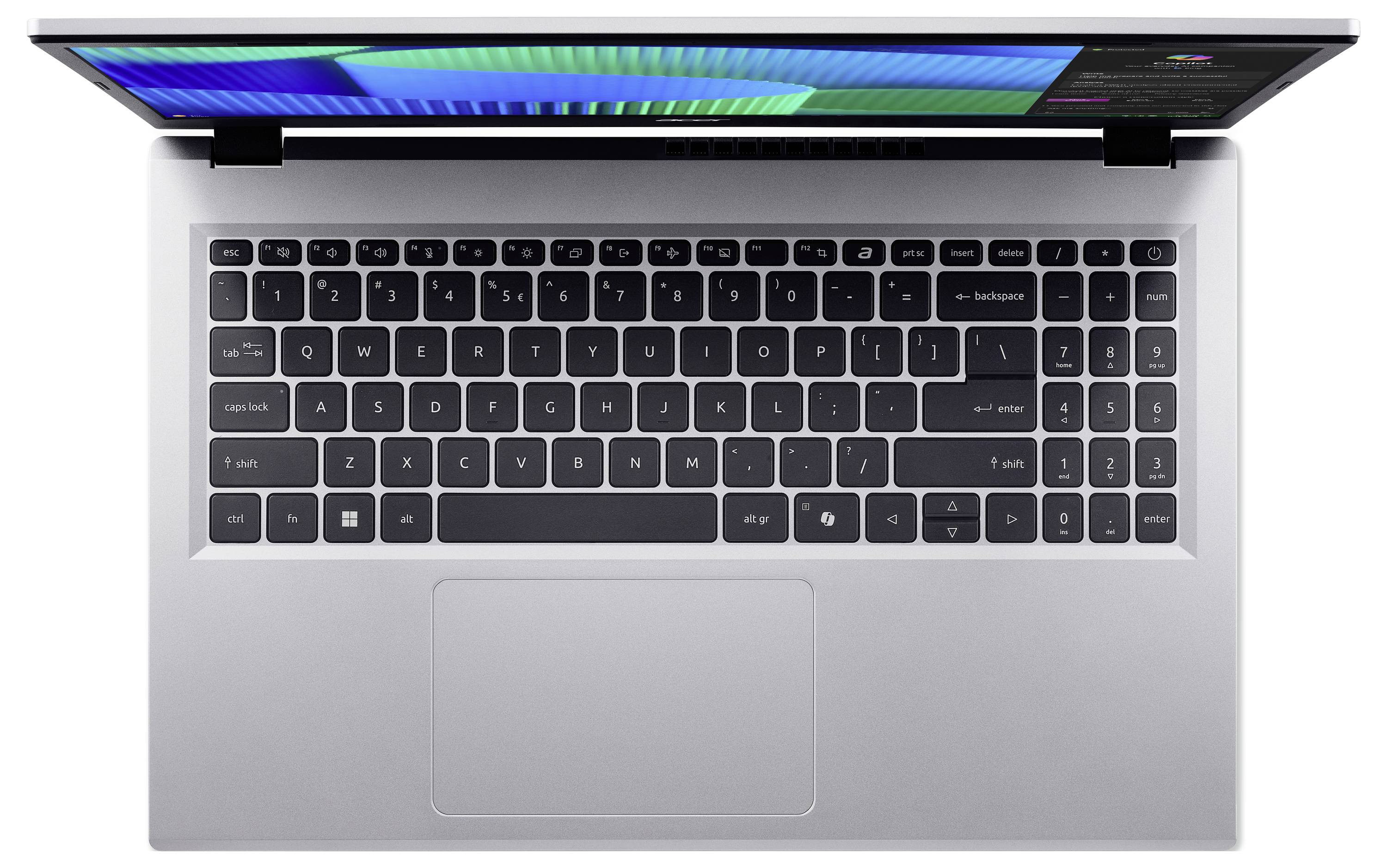Ein silberner Laptop von oben betrachtet, mit einer vollständigen QWERTY-Tastatur und einem Touchpad, mit einem farbigen Bildschirm, der blaue und grüne Farbtöne anzeigt.