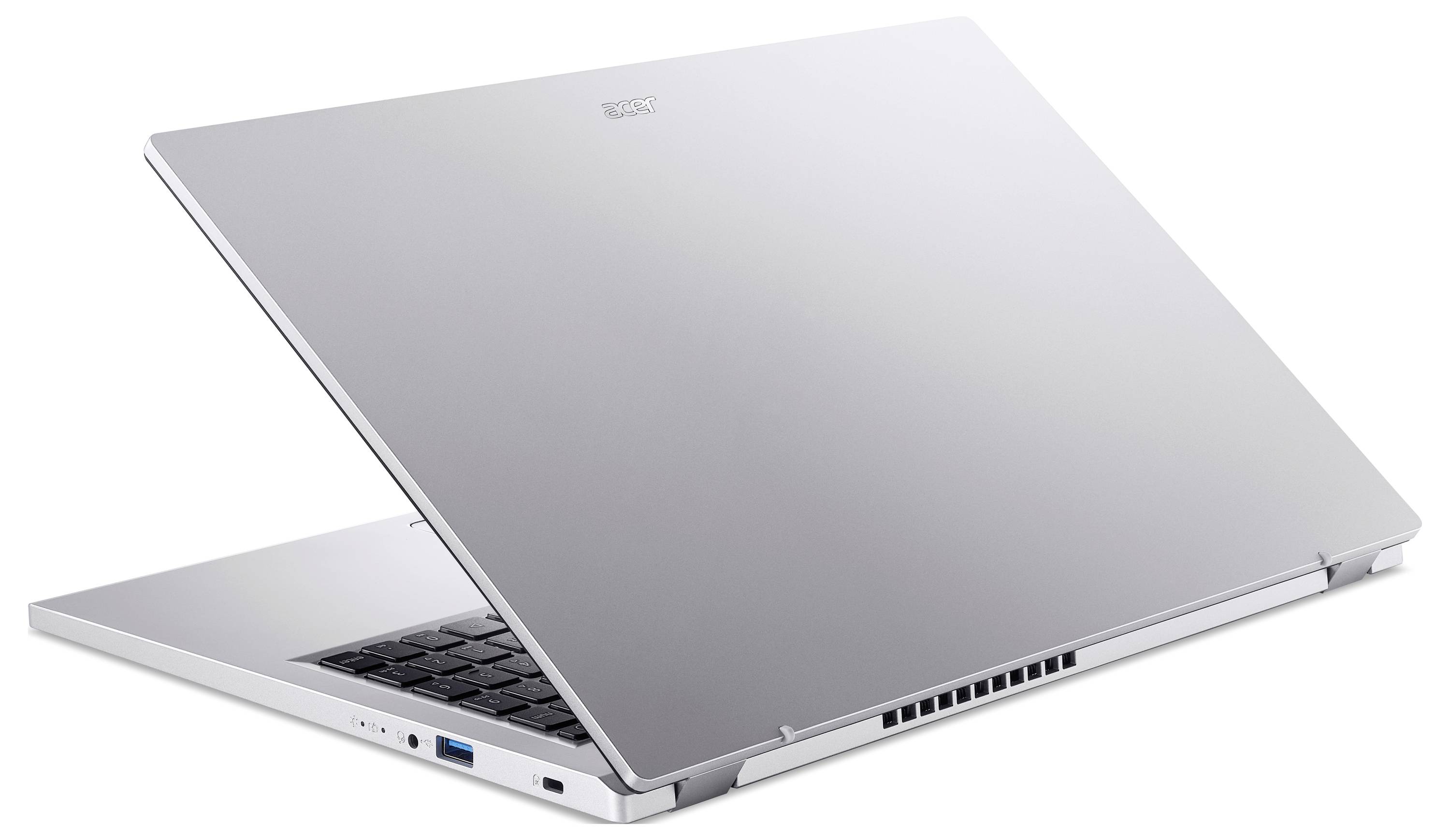 Silberner Laptop teilweise geschlossen mit sichtbarer Tastatur und Anschlüssen.