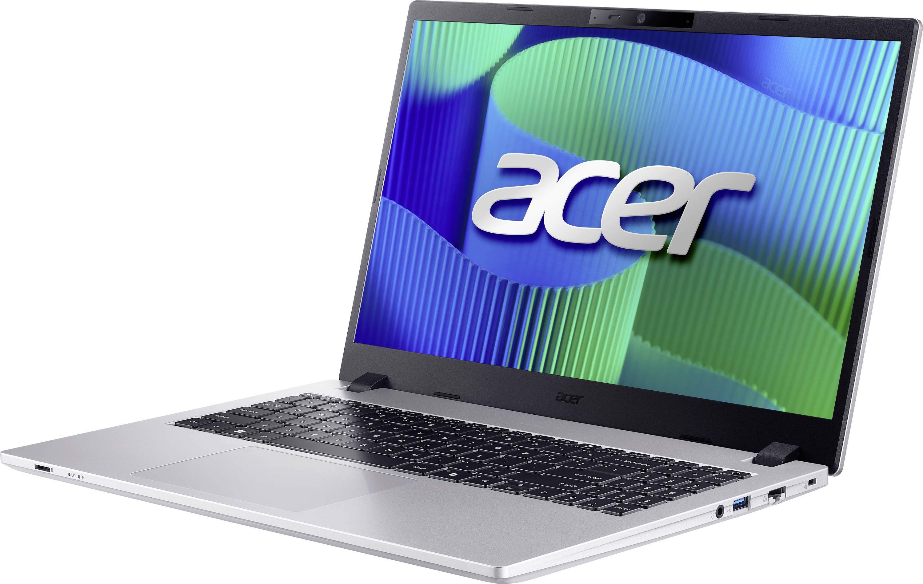 Acer-Laptop mit blauem und grünem, welligem Hintergrund auf dem Bildschirm, das das Acer-Logo zeigt. Der Laptop ist geöffnet und nach links geneigt.