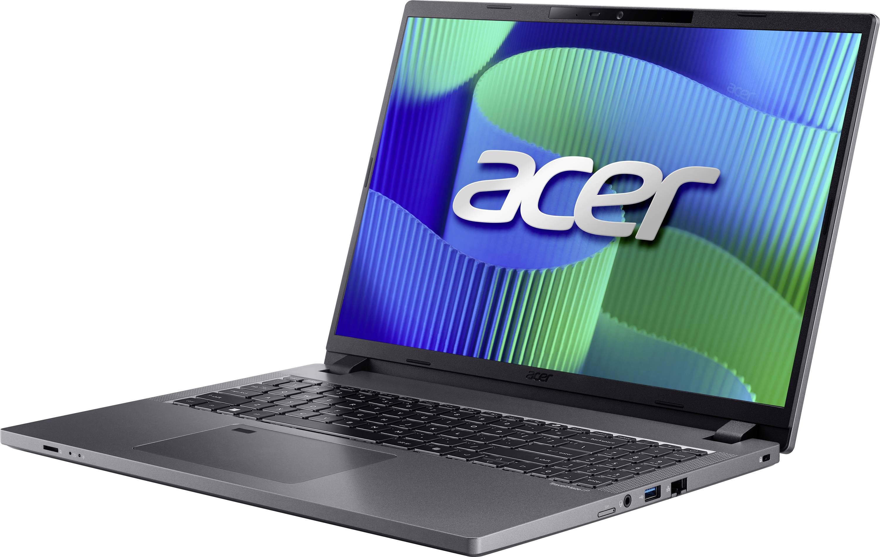 Acer-Laptop mit lebhaftem Bildschirm, auf dem blaue und grüne abstrakte Wellen angezeigt werden, aus einem Winkel fotografiert, der die offene Tastatur und einen Teil des Bildschirms zeigt.