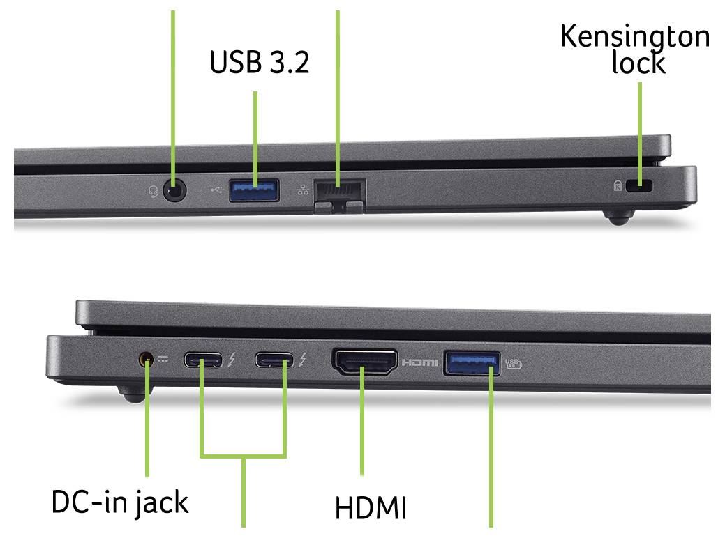 Seitenansicht eines Laptops mit verschiedenen Anschlüssen: USB 3.2, Kensington-Schloss, DC-Buchse, HDMI und ein zusätzlicher USB-Anschluss.