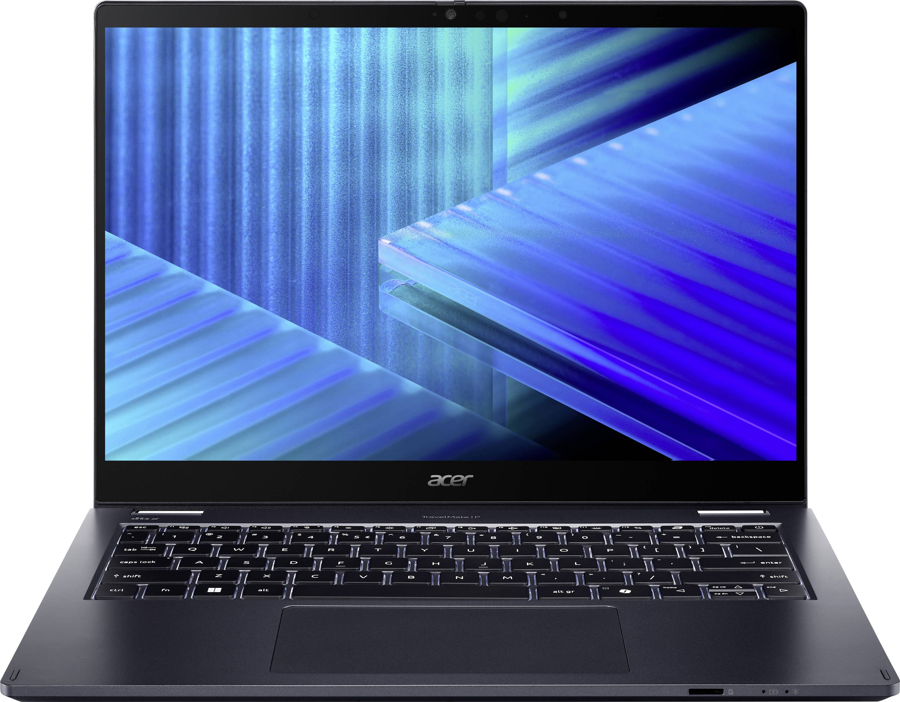 Ein eleganter Laptop, der auf einer Oberfläche offen aufliegt und auf seinem Bildschirm einen blauen abstrakten Hintergrund anzeigt.