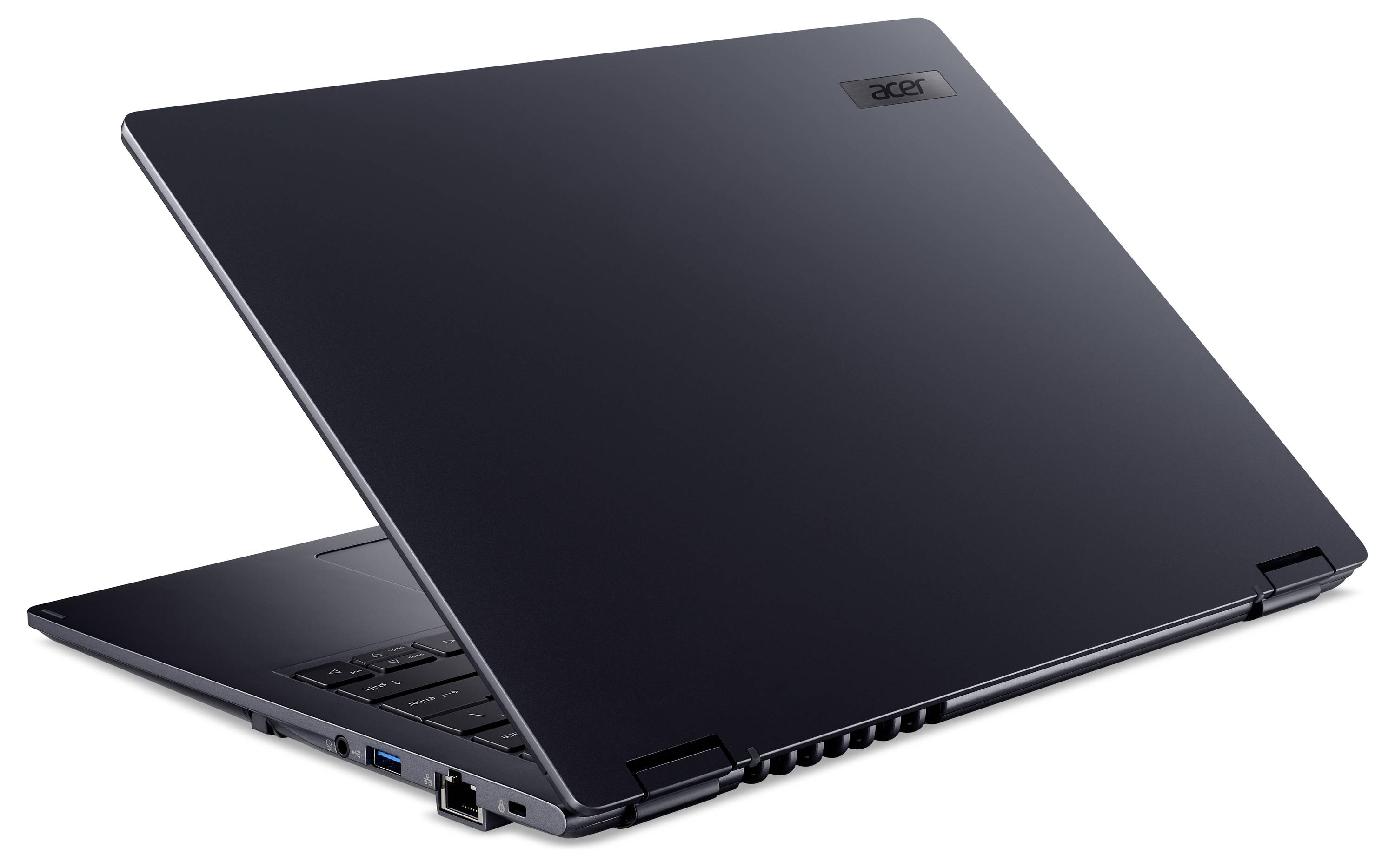 Ein schlankes, offenes schwarzes Laptop von hinten betrachtet, mit teilweise geöffnetem Display, mit sichtbaren USB- und Ethernet-Anschlüssen.