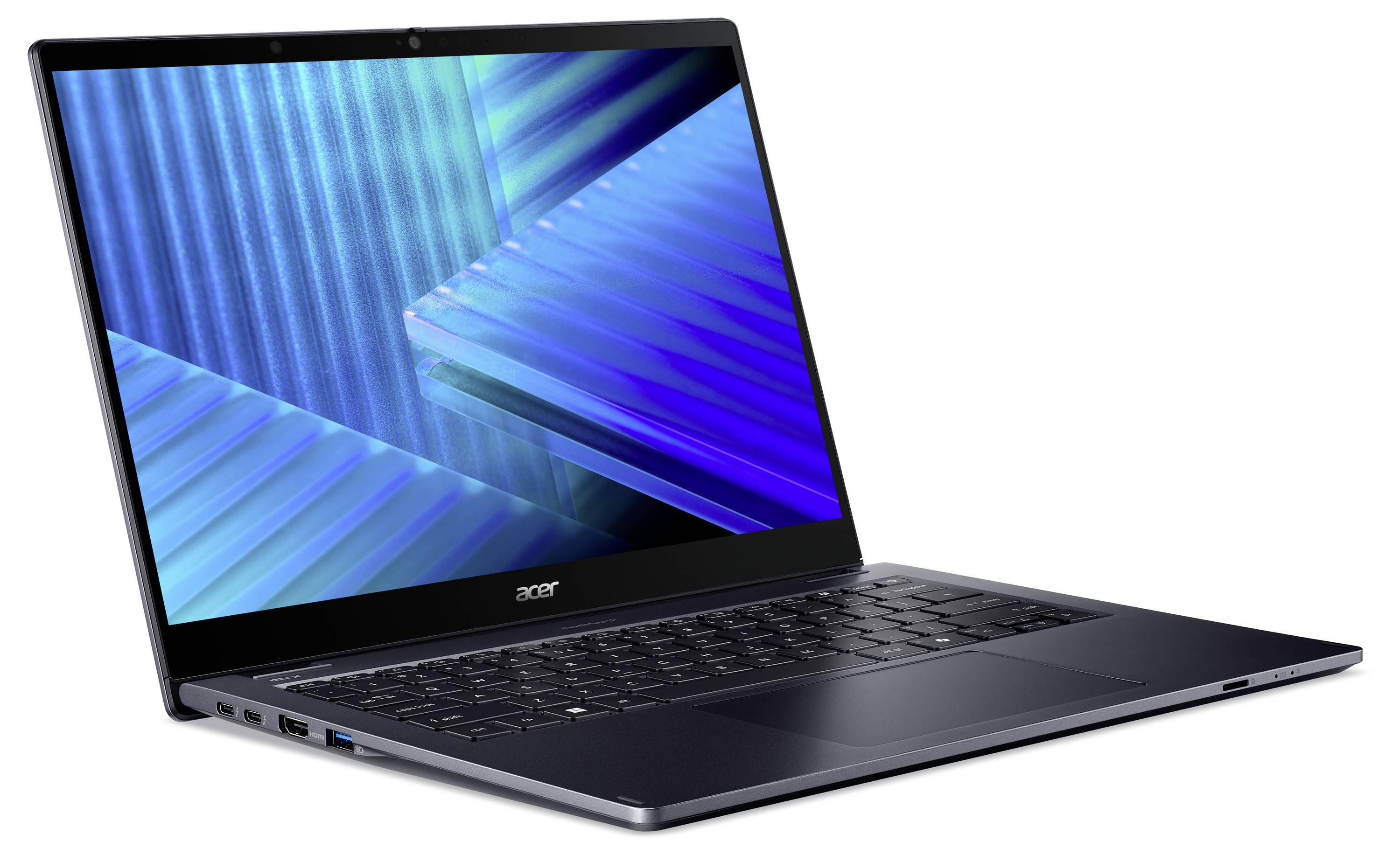 Ein eleganter, offener Laptop mit einem leuchtend blauen geometrischen Design auf dem Bildschirm, aus leicht geneigter Perspektive betrachtet.
