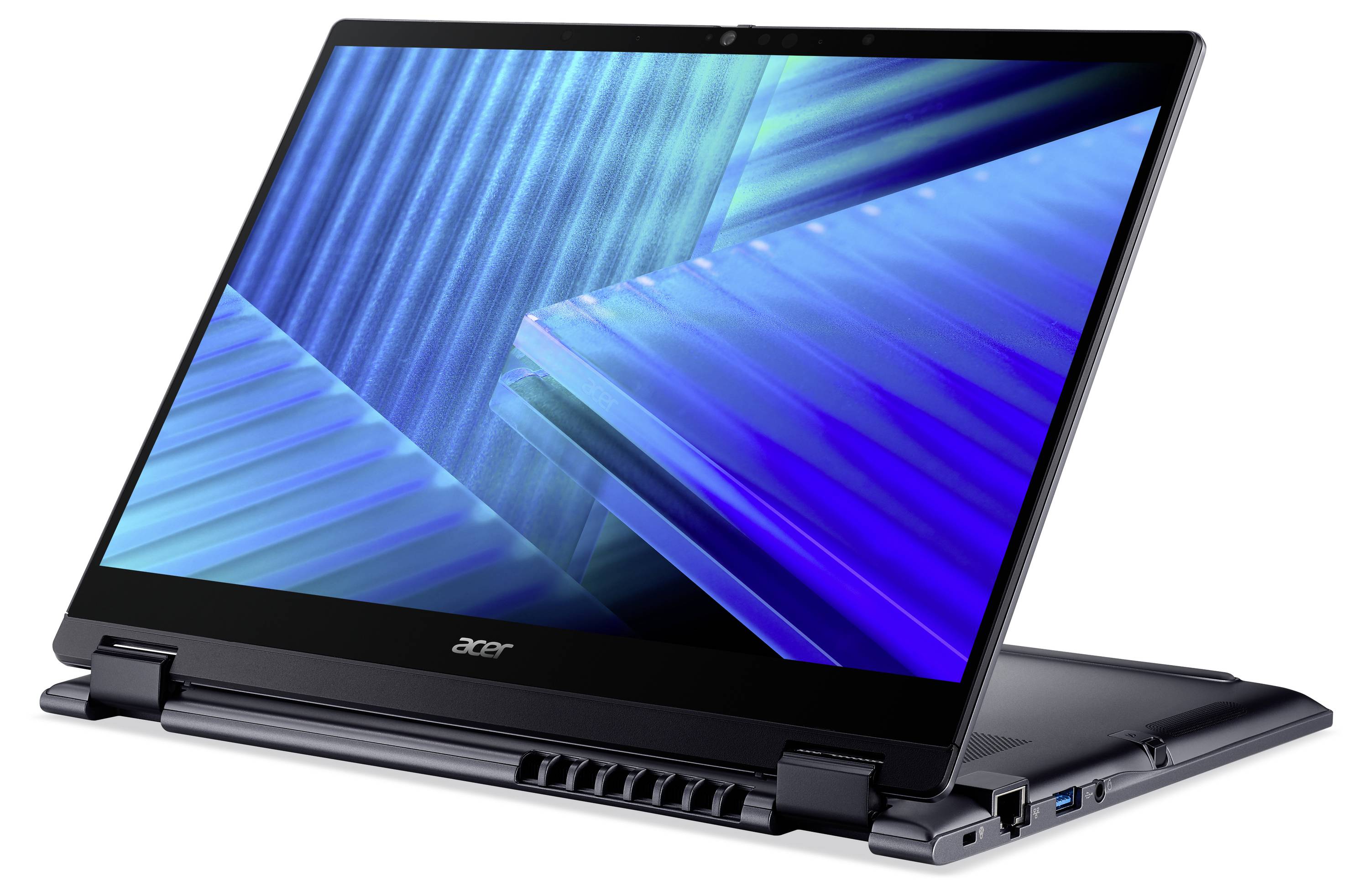 Acer-Laptop im Tablet-Modus mit einem lebendigen blauen geometrischen Muster auf dem Bildschirm, das sein konvertierbares Scharnier-Design zeigt.