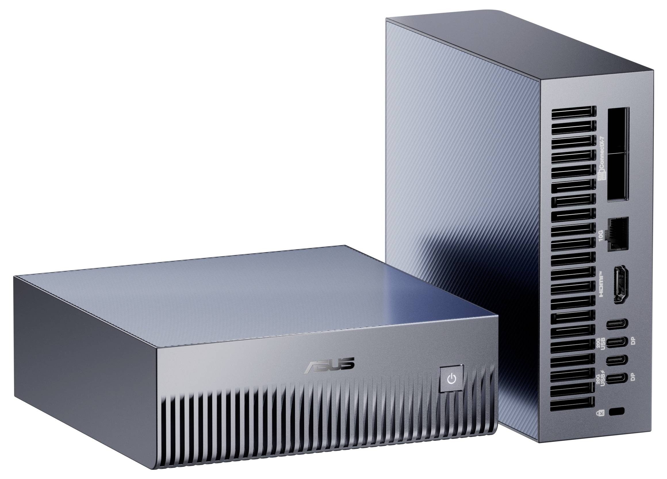 Zwei elegante Computer-Mini-PCs, einer flach liegend und der andere aufrecht stehend, zeigen Frontpaneele mit einem Stromschalter und mehreren Portverbindungen.