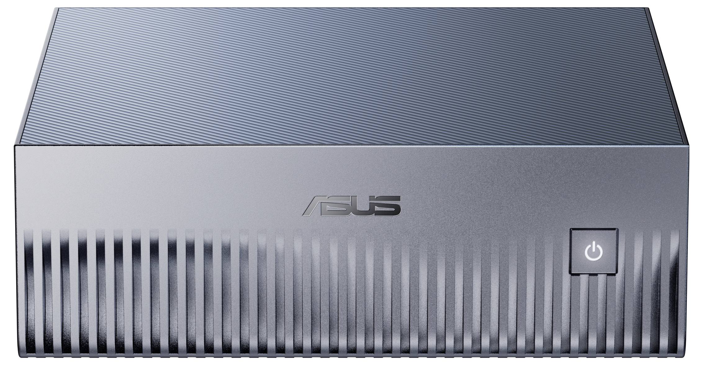 Ein grauer ASUS Mini-PC mit einem Netzschalter auf der Frontplatte. Er hat ein elegantes Design mit vertikalen Lüftungsschlitzen.