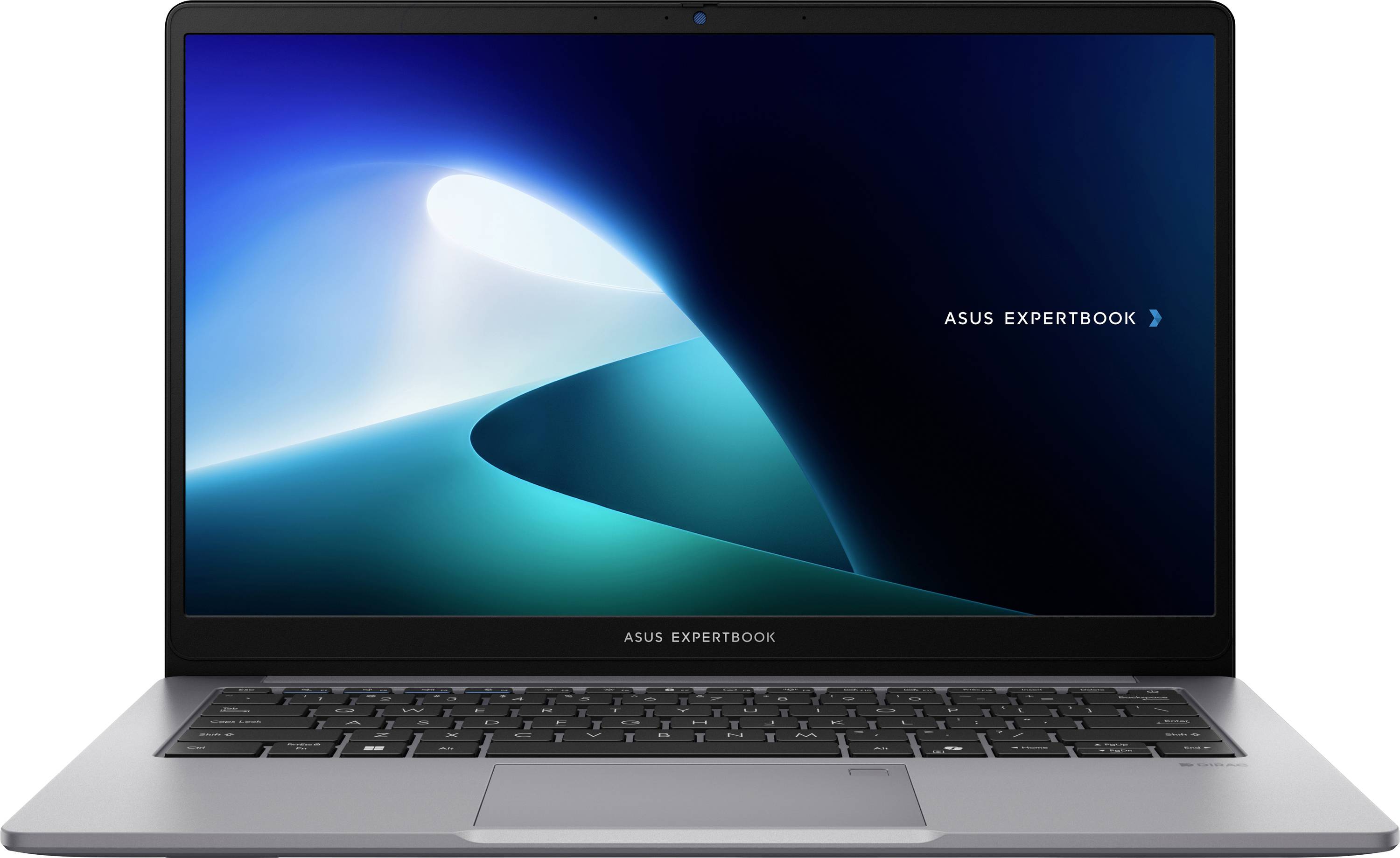Ein schlanker silberner Laptop mit einem leuchtenden abstrakten blau-weißen Hintergrundbild auf dem Bildschirm. Die Worte 