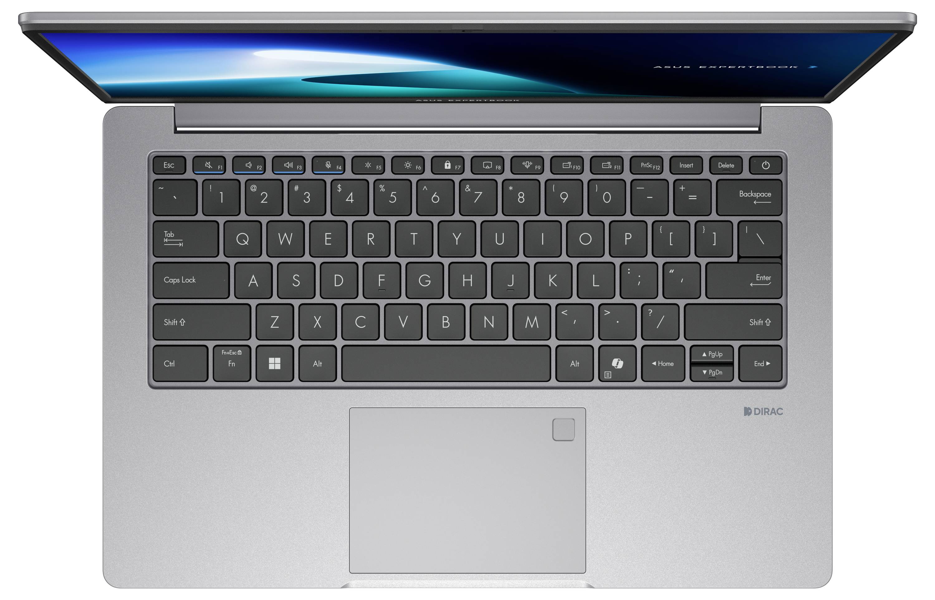 Ein silberner Laptop mit einer vollständigen QWERTY-Tastatur, leicht geöffnet, mit schlankem Design und dunklem Bildschirm.