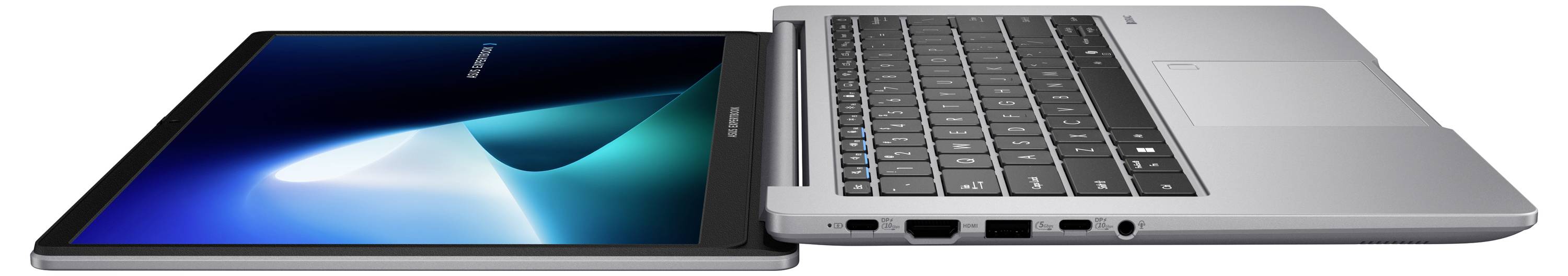 Ein eleganter, offener Laptop, von der Seite betrachtet, der sein schlankes Profil, die Tastatur und einen lebhaften, beleuchteten Bildschirm zur Schau stellt.