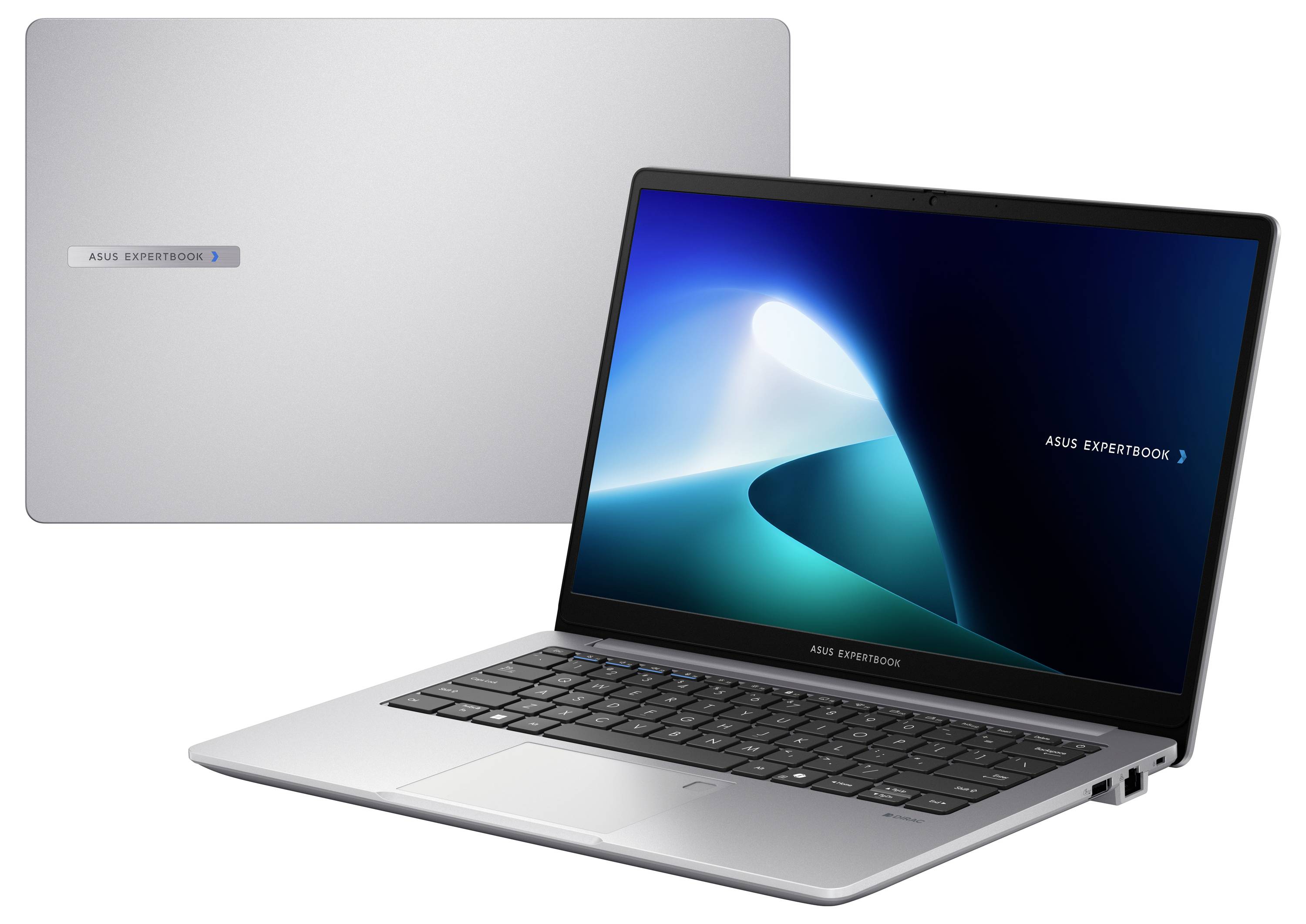 Öffnen Sie einen Asus ExpertBook-Laptop mit einem leuchtend blauen Bildschirm auf der rechten Seite. Das silberne Logo der Marke befindet sich auf dem geschlossenen Deckel dahinter.