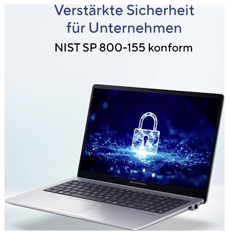 Ein Laptop zeigt ein digitales Vorhängeschloss auf dem Bildschirm an. Der Text oben lautet „Verstärkte Sicherheit für Unternehmen