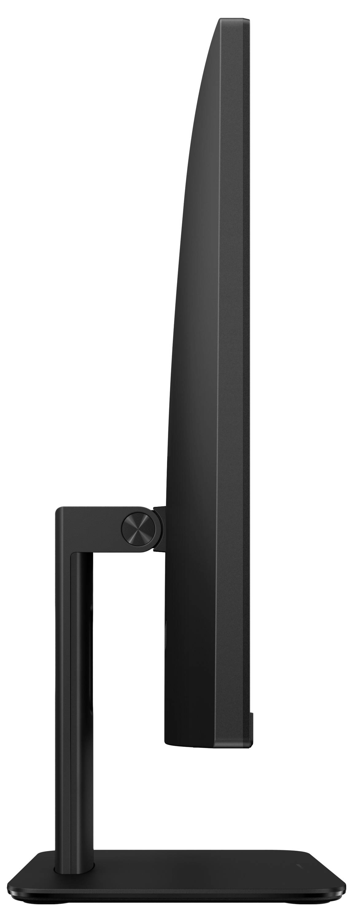 Eine Seitenansicht eines dünnen, schwarzen Computermonitors auf einem Ständer, der sein elegantes und minimalistisches Design präsentiert.