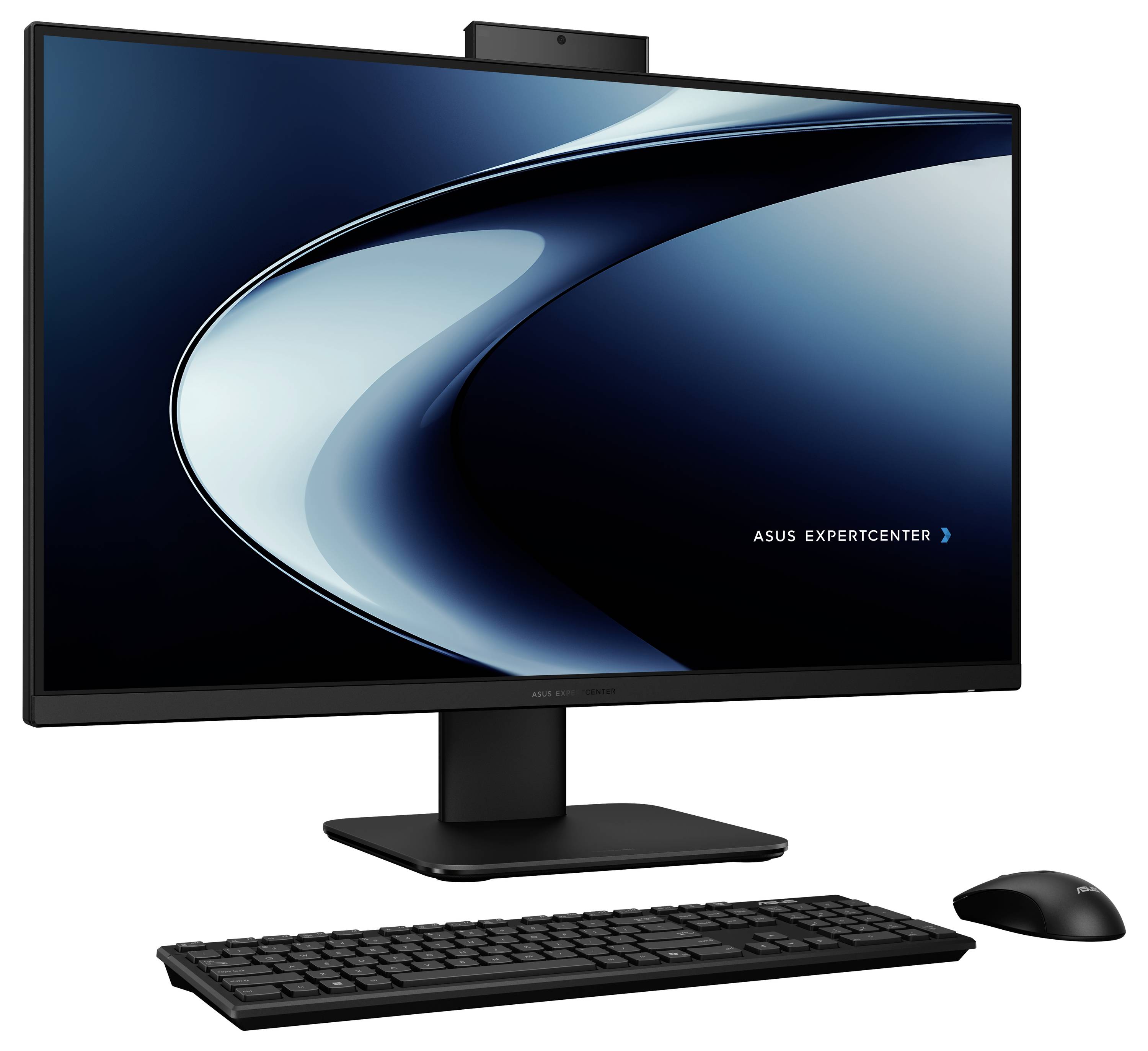 Ein schwarzes Desktop-Computer-Setup mit Monitor, Tastatur und Maus. Der Monitor zeigt 