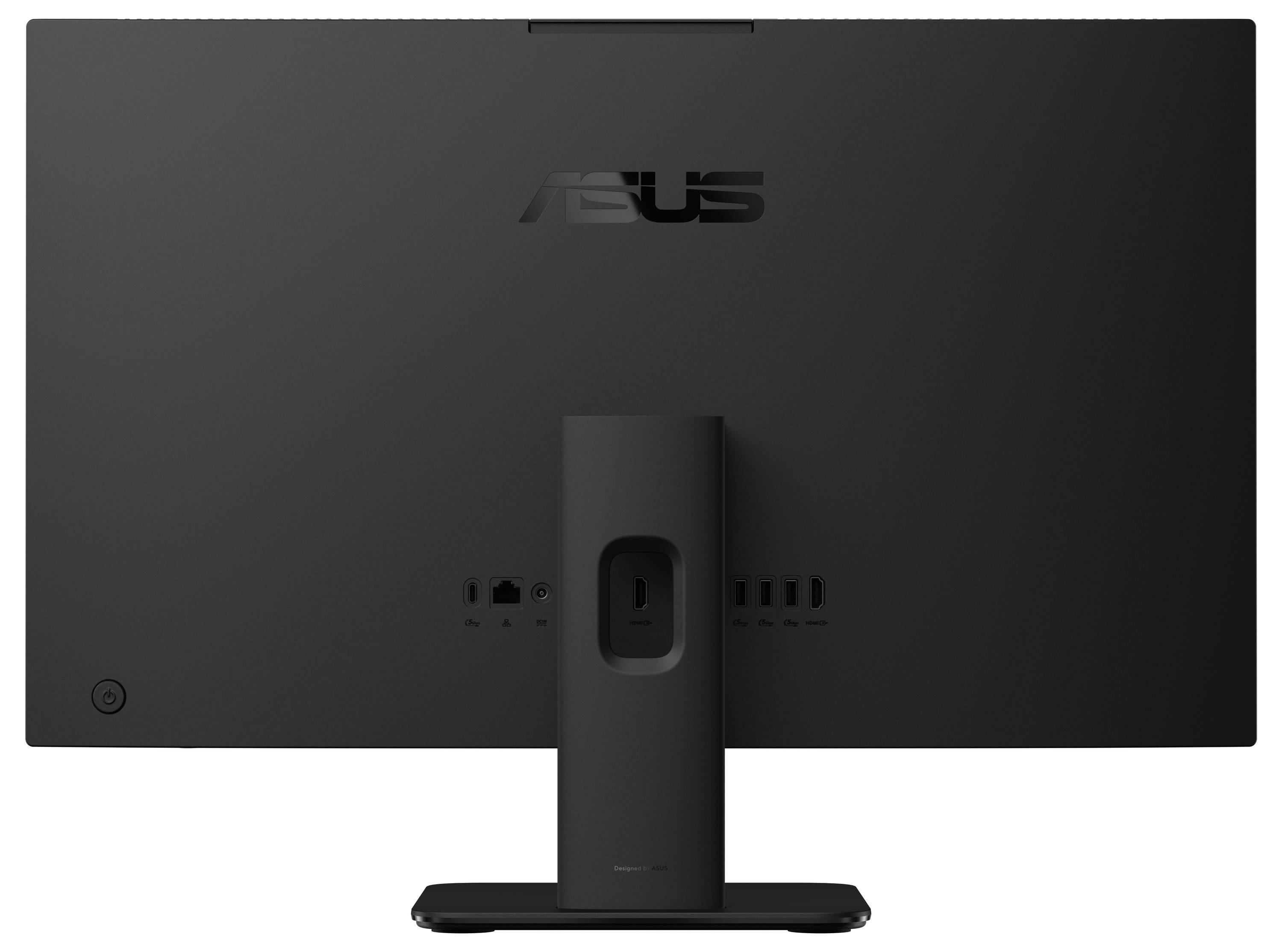 Rückansicht eines schwarzen ASUS-Monitors mit mehreren sichtbaren Anschlüssen auf der Rückseite, einschließlich HDMI und USB, auf einem Ständer montiert.
