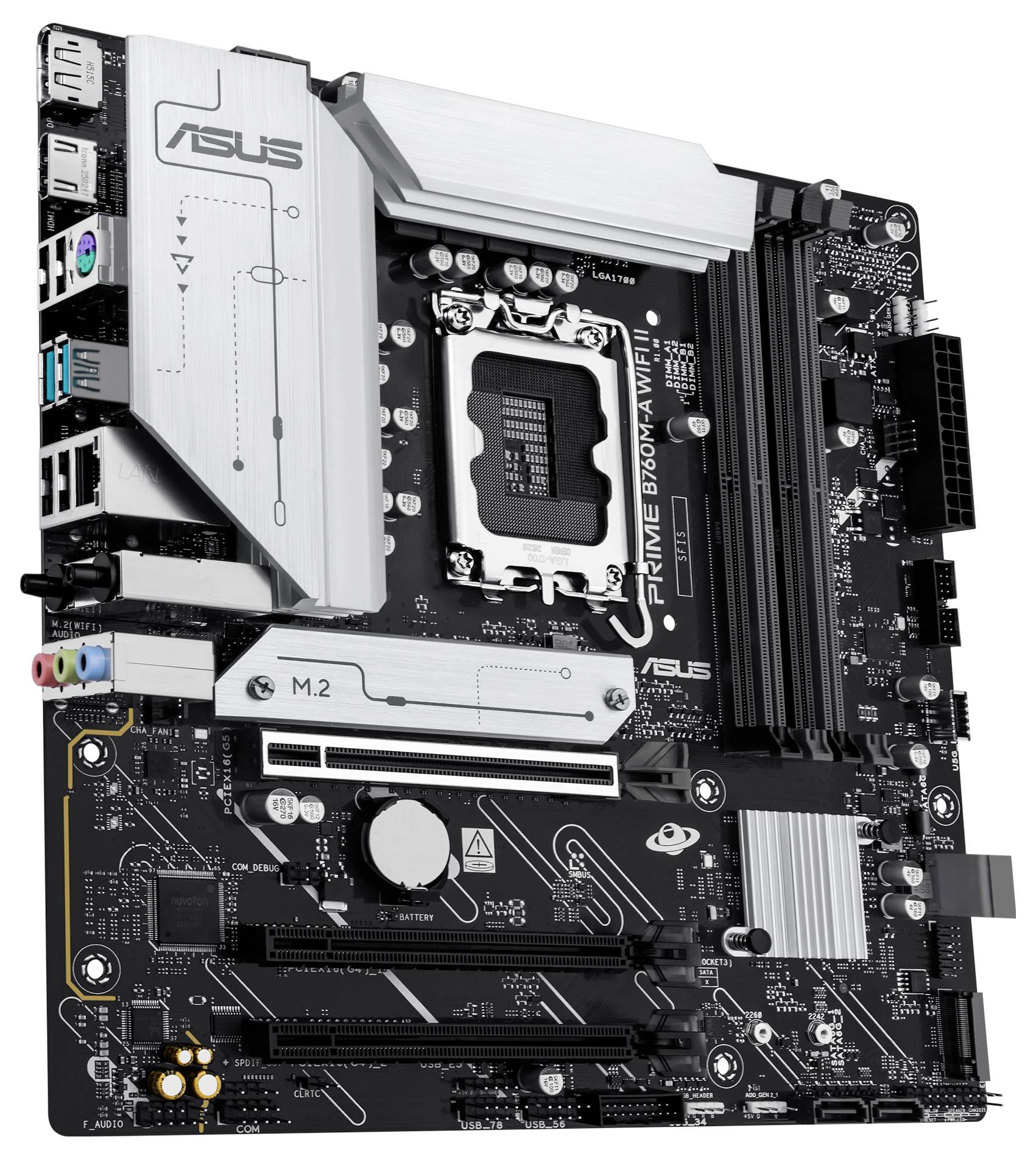 Ein schwarz-silbernes ASUS PRIME B760M-A WiFi D4 Motherboard mit verschiedenen Slots und Anschlüssen für RAM, CPU und Peripheriegeräte, in einer Schrägansicht gezeigt.