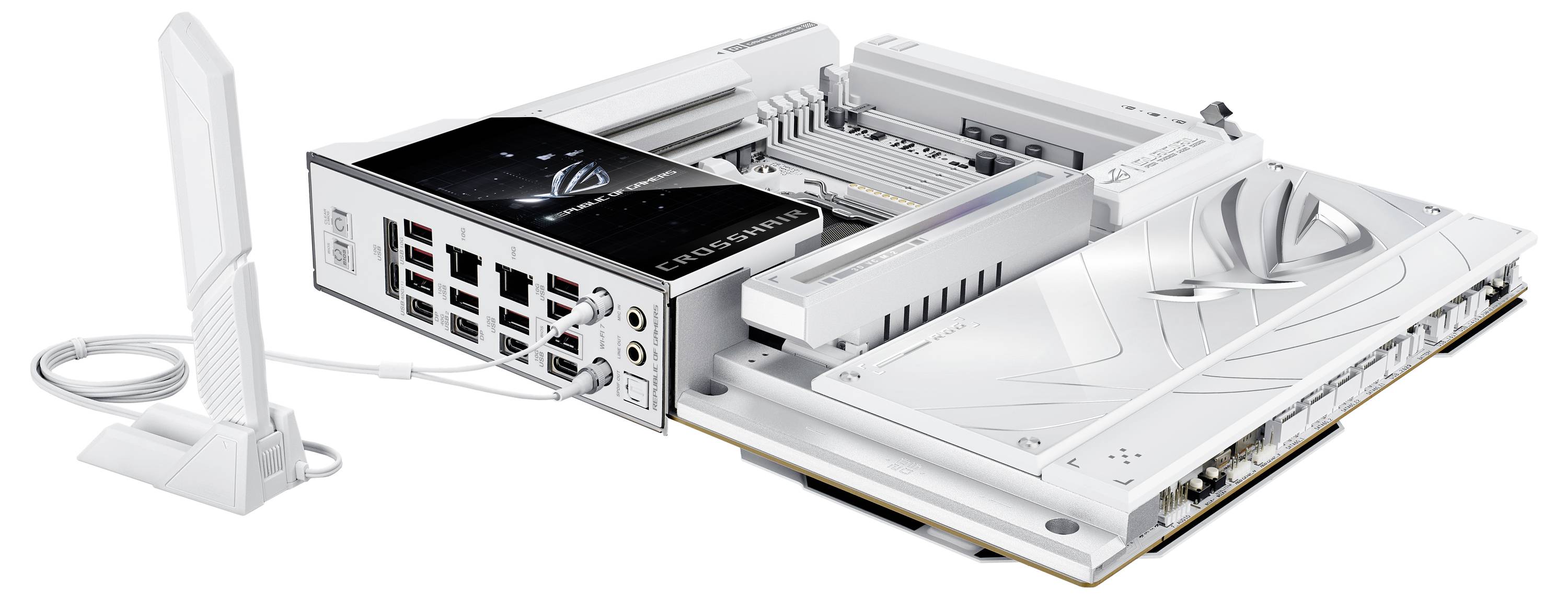 Weiße Computerplatine mit mehreren Steckplätzen und Anschlüssen, einschließlich USB und HDMI. Enthält eine separate Antenne für verbesserte Konnektivität.